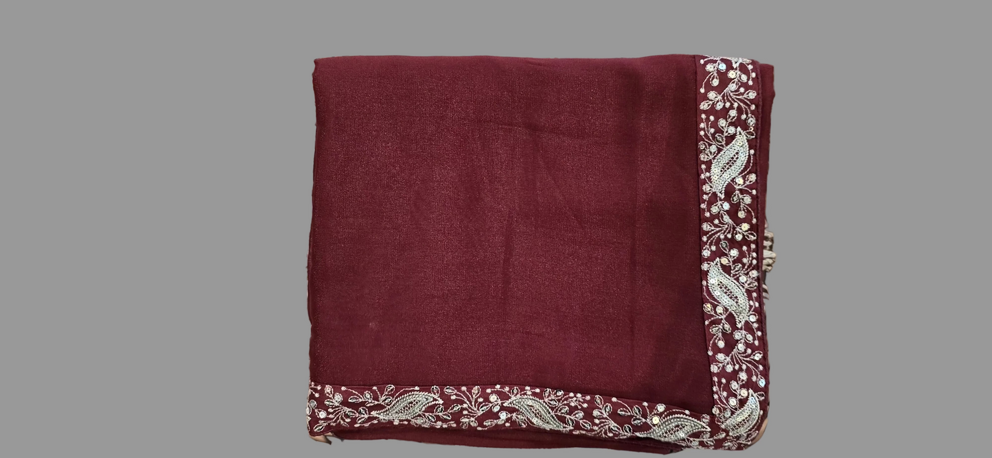 Wine saree with Puffed blouse