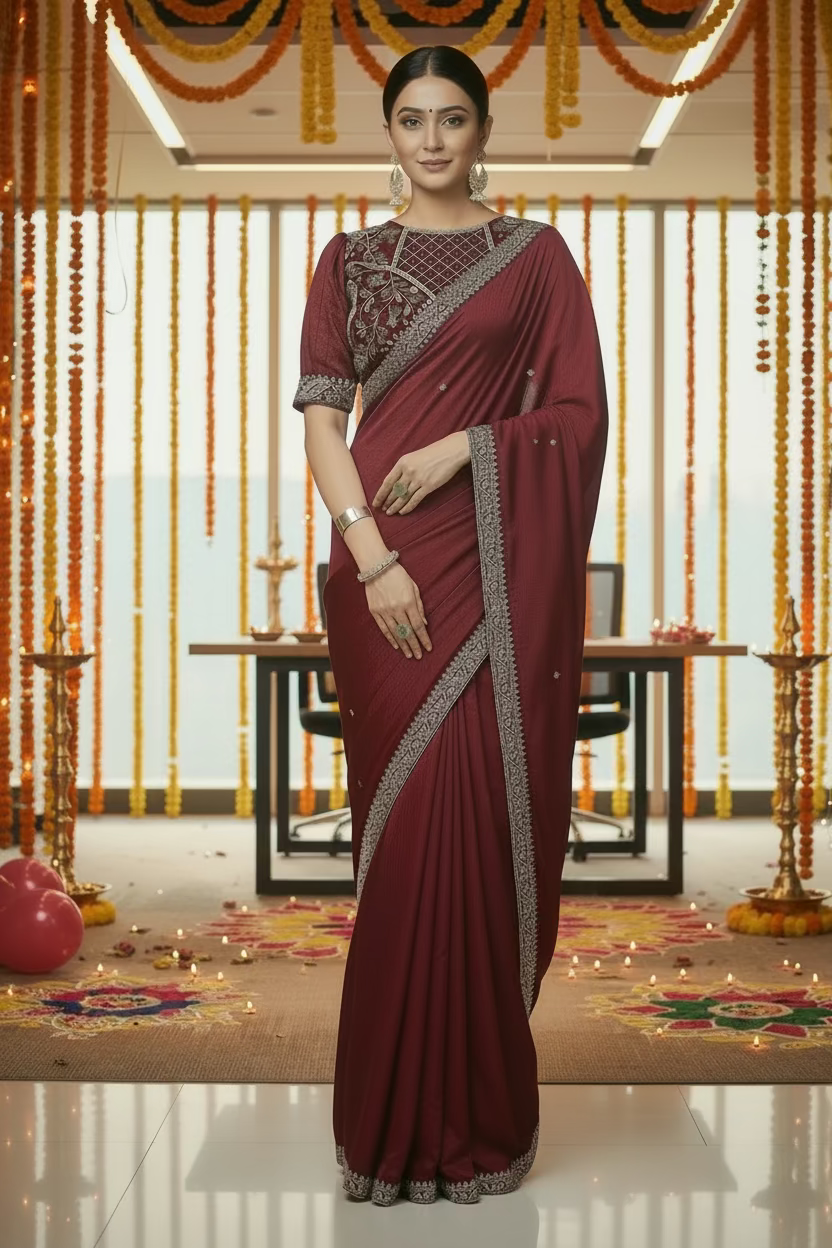 Wine saree with Puffed blouse
