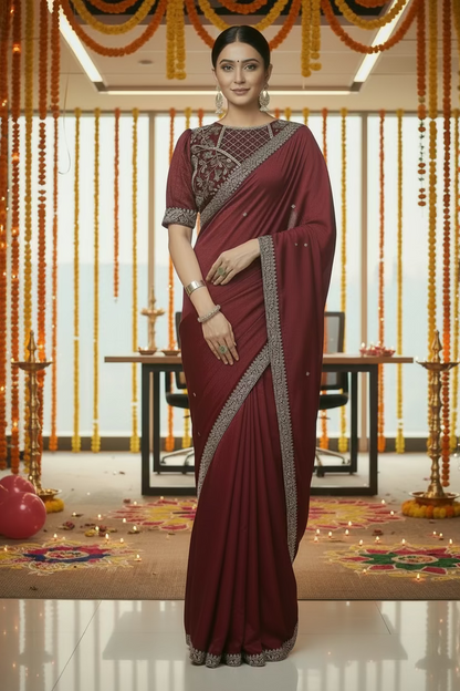 Wine saree with Puffed blouse
