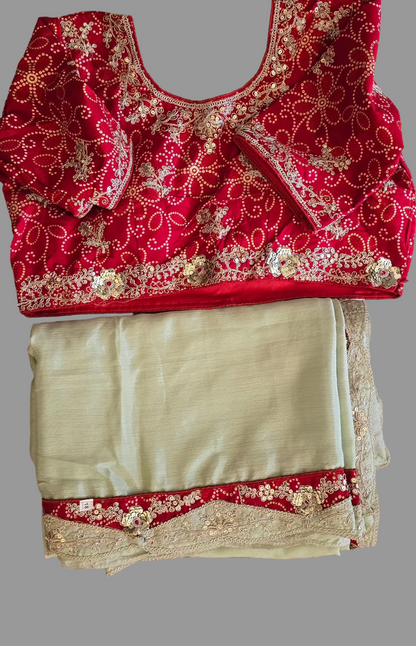 Pista green saree with red blouse