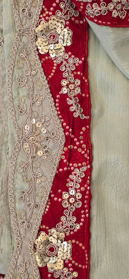 Pista green saree with red blouse