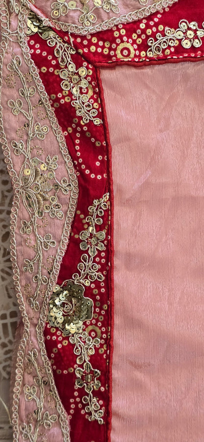 Pink scalloped saree with Red blouse