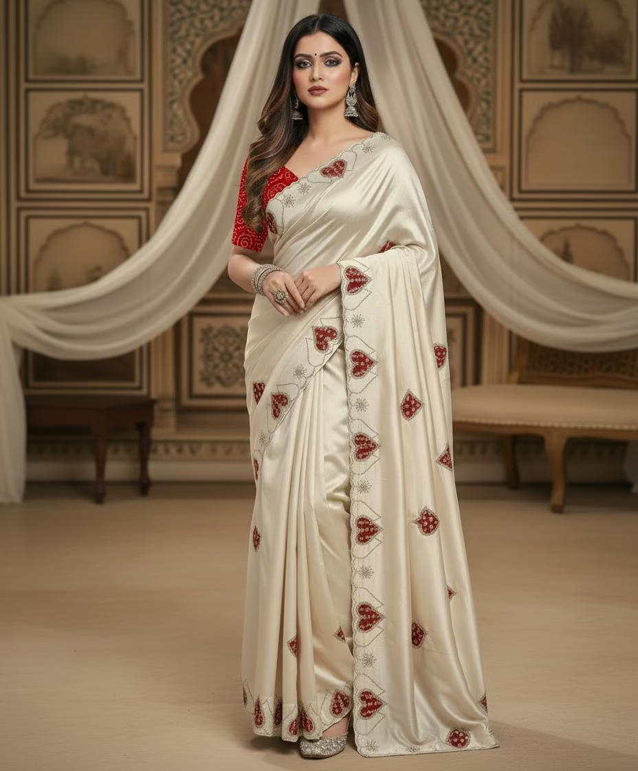 Cream heart pattern saree with bandhej blouse