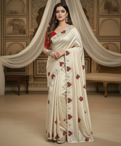 Cream heart pattern saree with bandhej blouse