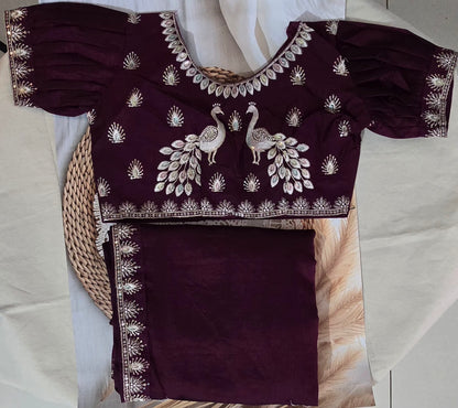 Wine Saree with Puffed sleeved blouse
