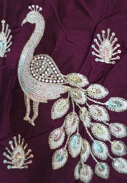 Wine Saree with Puffed sleeved blouse