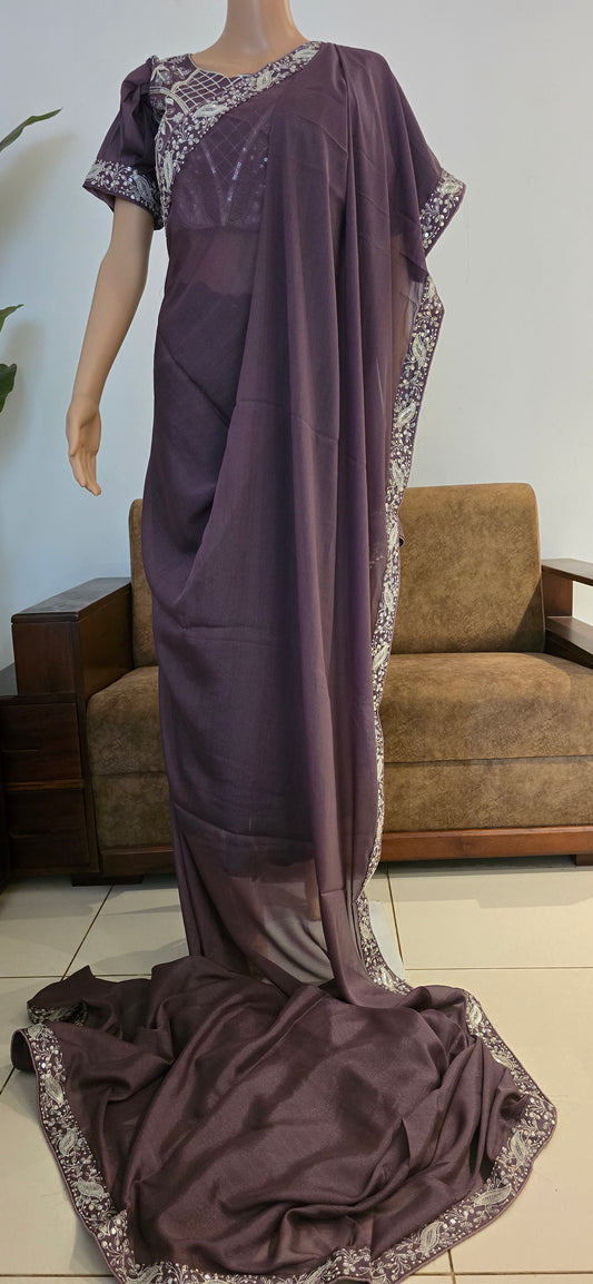 Jamun saree with embroidered puff sleeve blouse