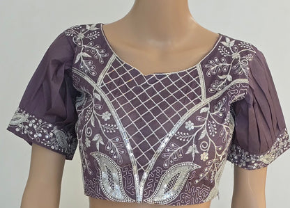 Jamun saree with embroidered puff sleeve blouse
