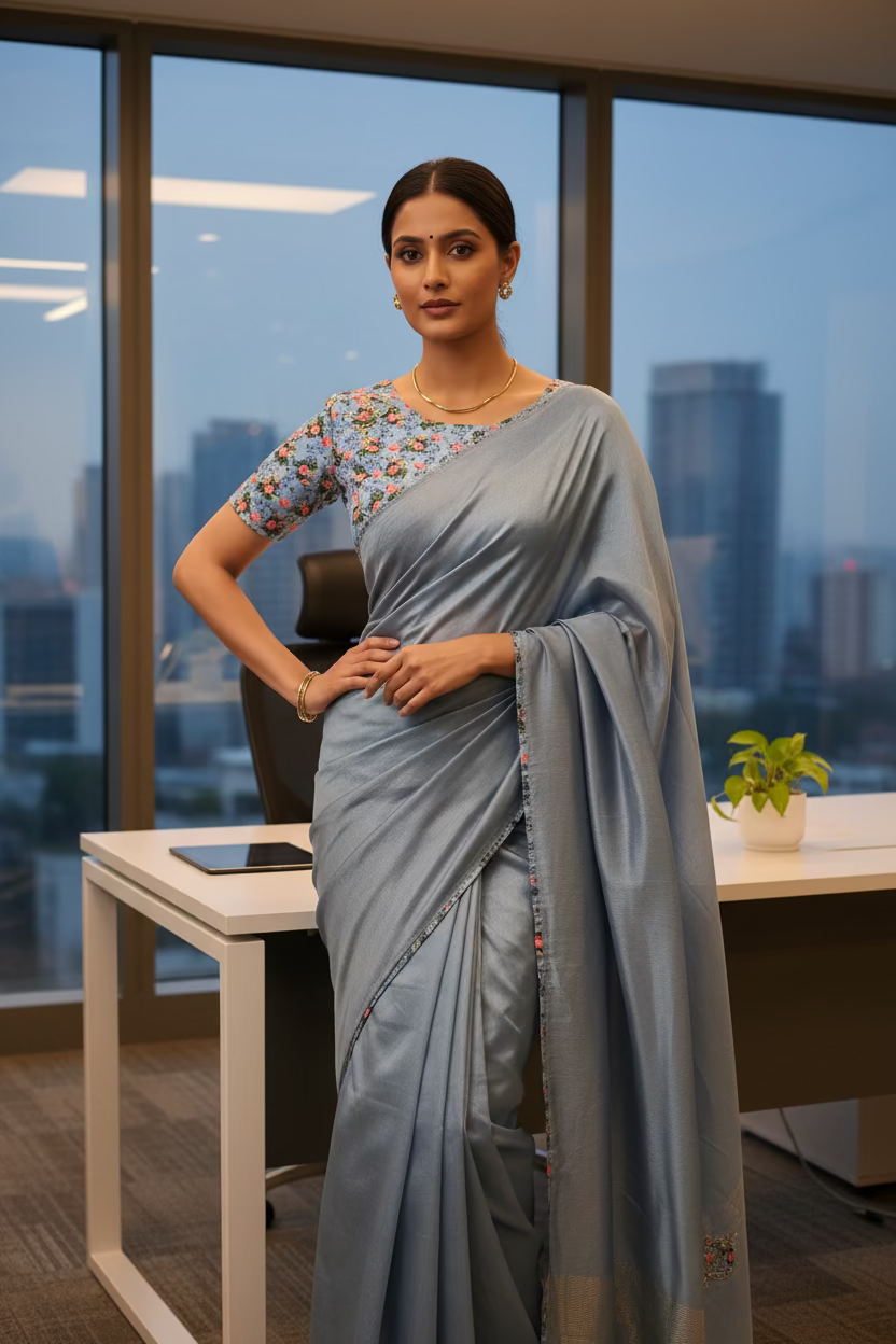 Blue Silk saree with printed blouse