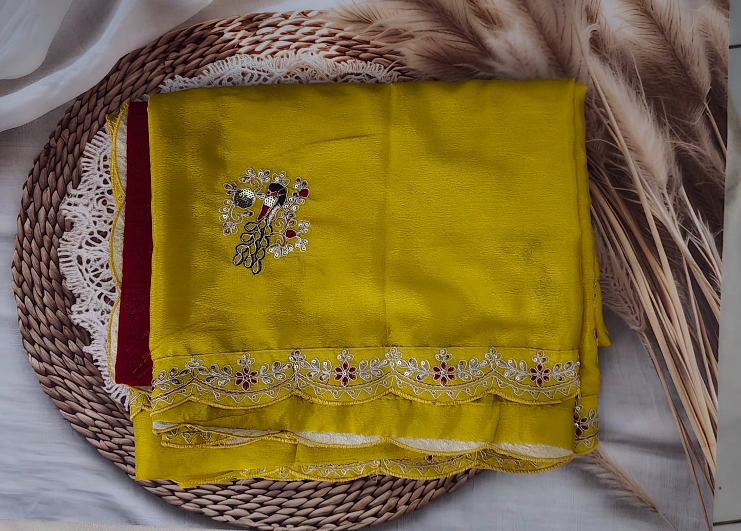 Mustard saree with red blouse
