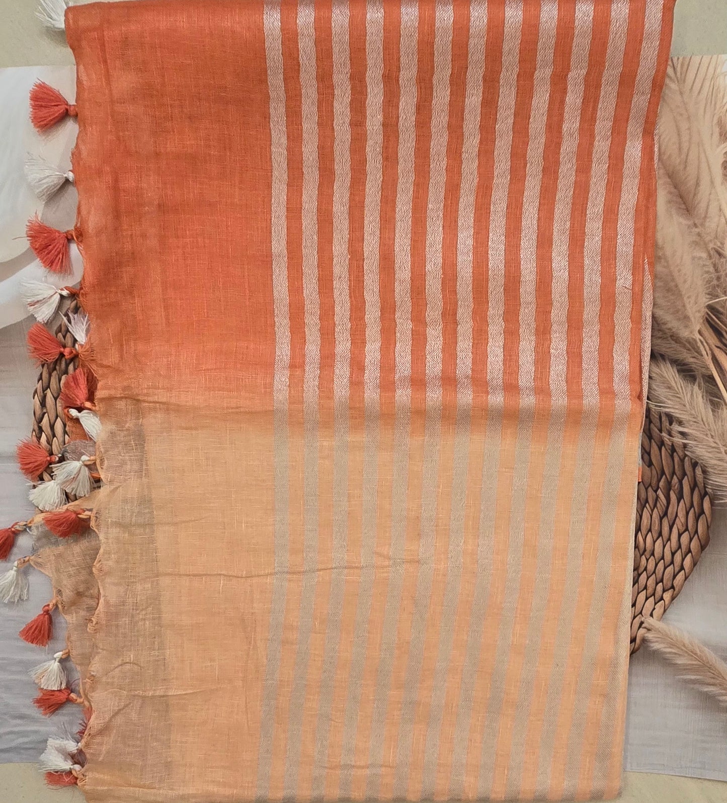 Orange Linen Dual color Saree