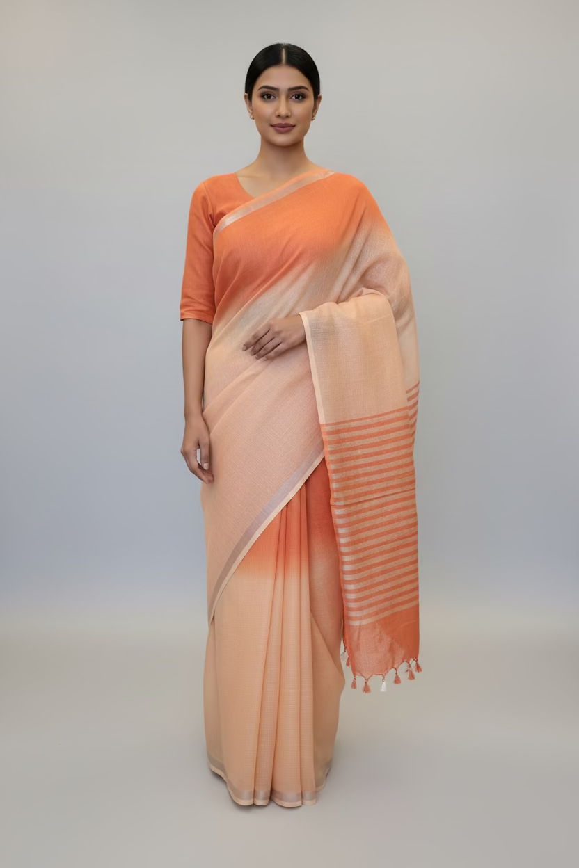 Orange Linen Dual color Saree