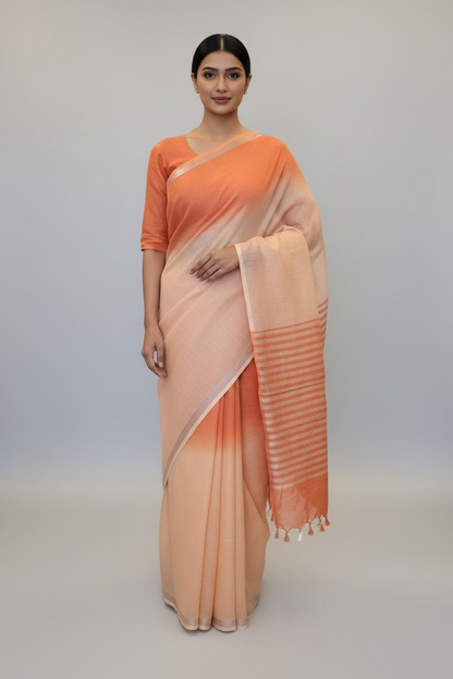 Orange Linen Dual color Saree