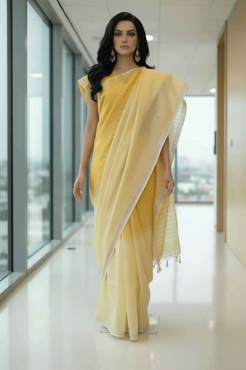 Yellow Linen Dual color Saree