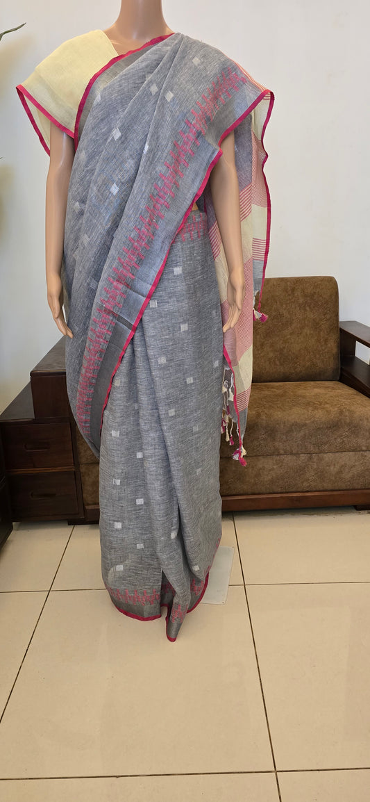Grey Pink Border Linen Saree