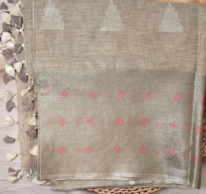 Grey triangle Motif Linen Saree