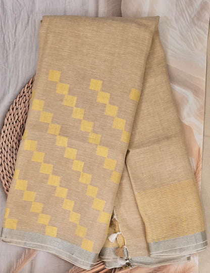 Beige and Yellow checks Linen Saree
