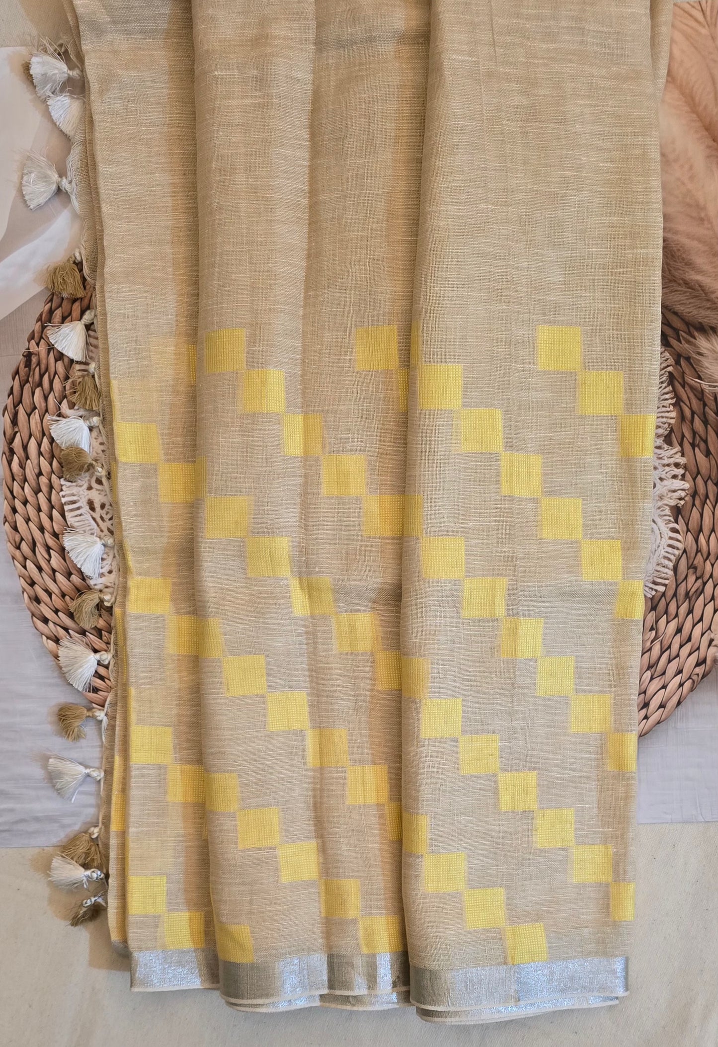 Beige and Yellow checks Linen Saree