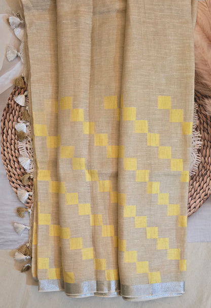 Beige and Yellow checks Linen Saree