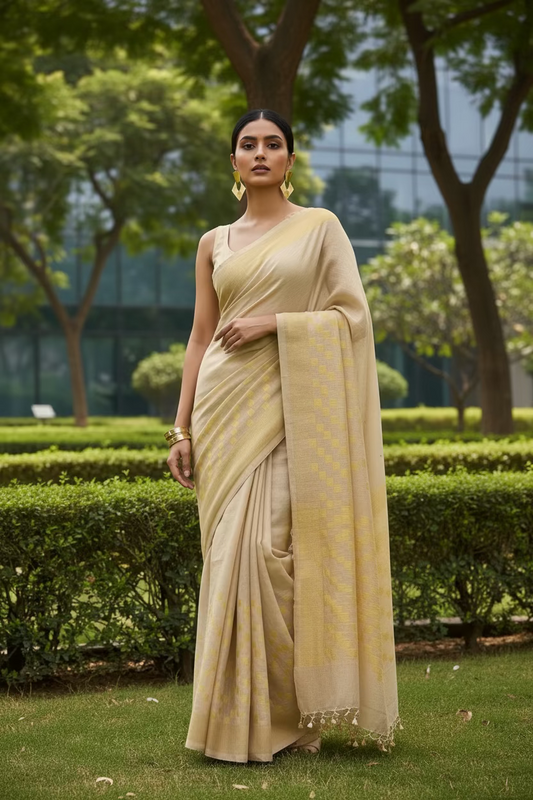 Beige and Yellow checks Linen Saree