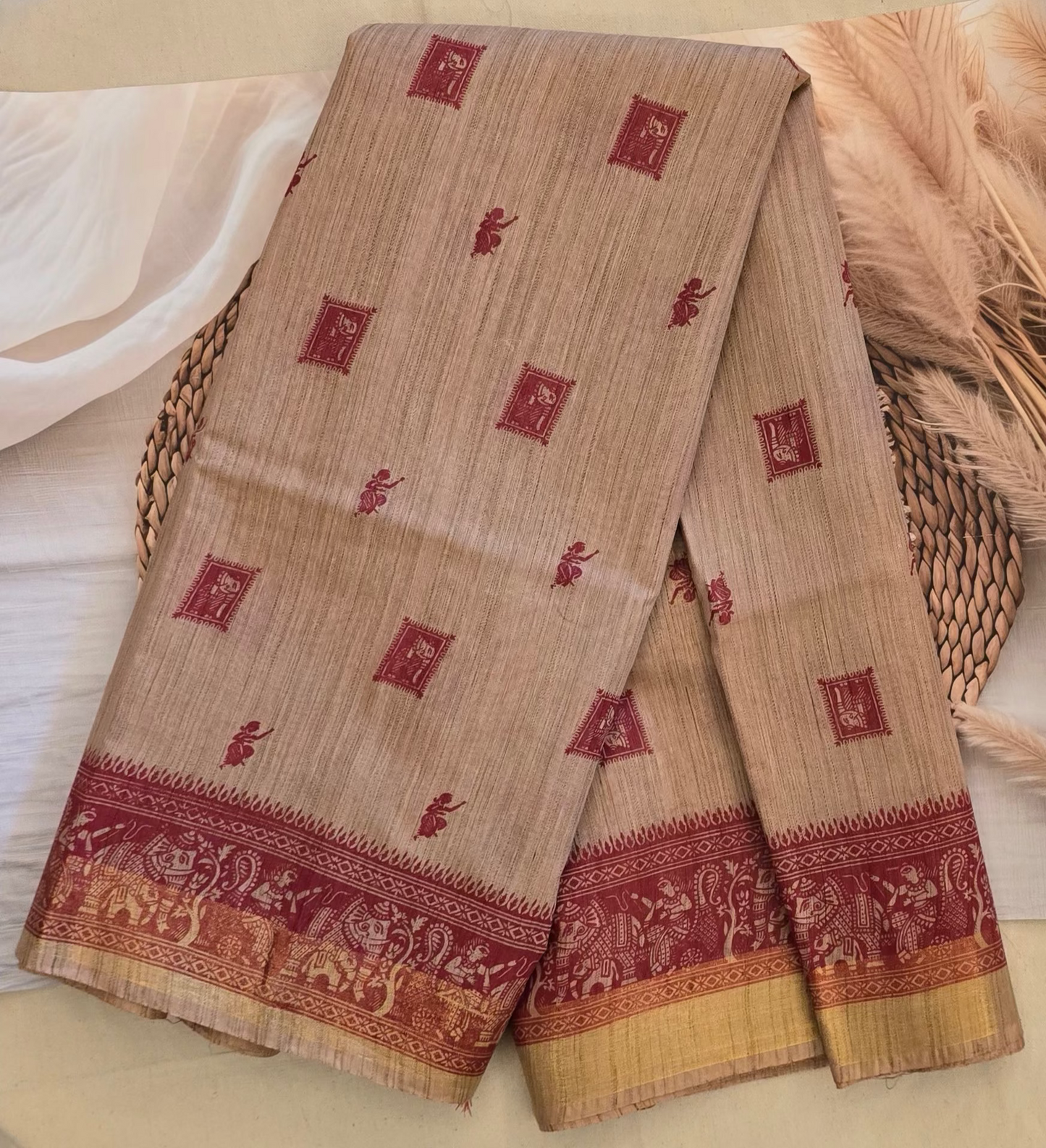 Beige and Red Semi Tussar Silk Madhubani Print saree