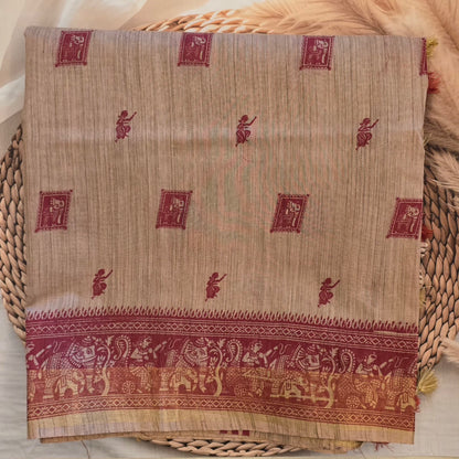Beige and Red Semi Tussar Silk Madhubani Print saree