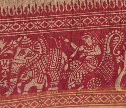 Beige and Red Semi Tussar Silk Madhubani Print saree