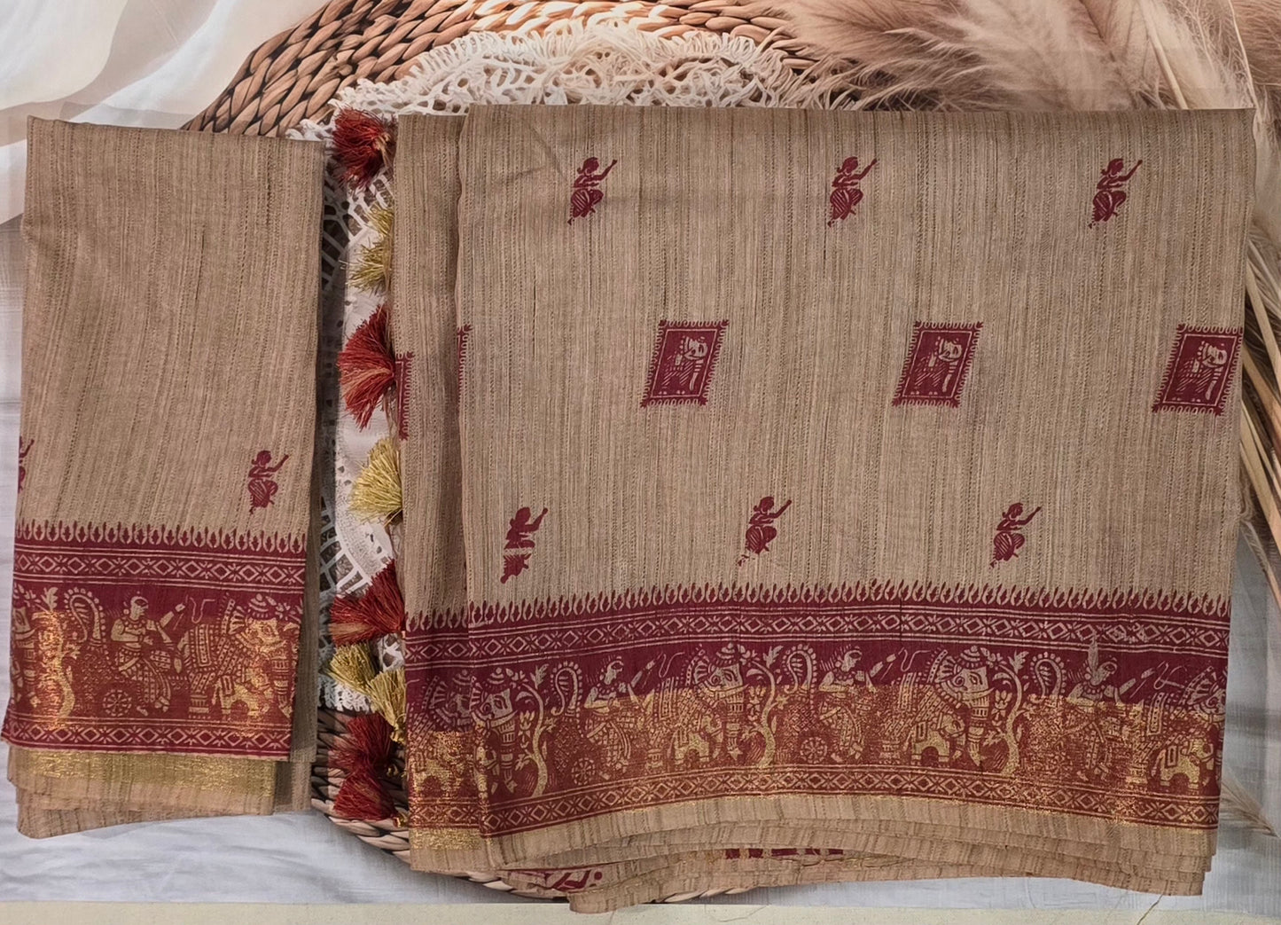 Brown Semi Tussar Silk Madhubani Print saree