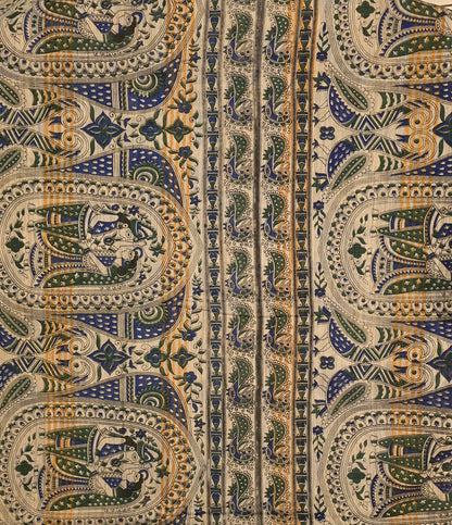 Blue Green Tussar Silk Madhubani Print saree