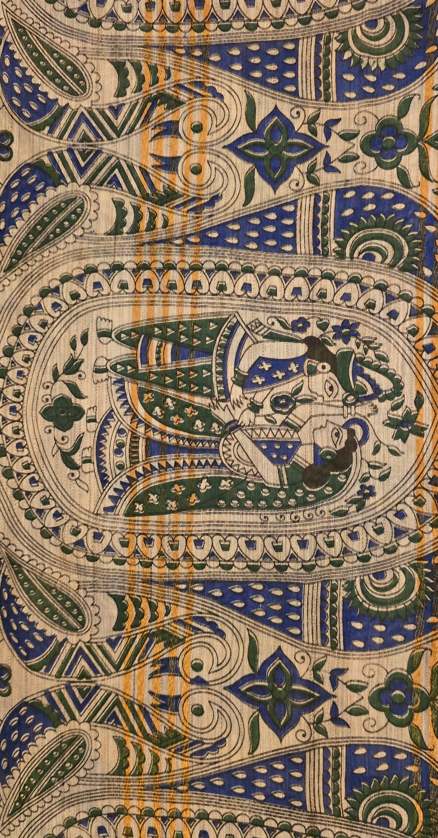 Blue Green Tussar Silk Madhubani Print saree