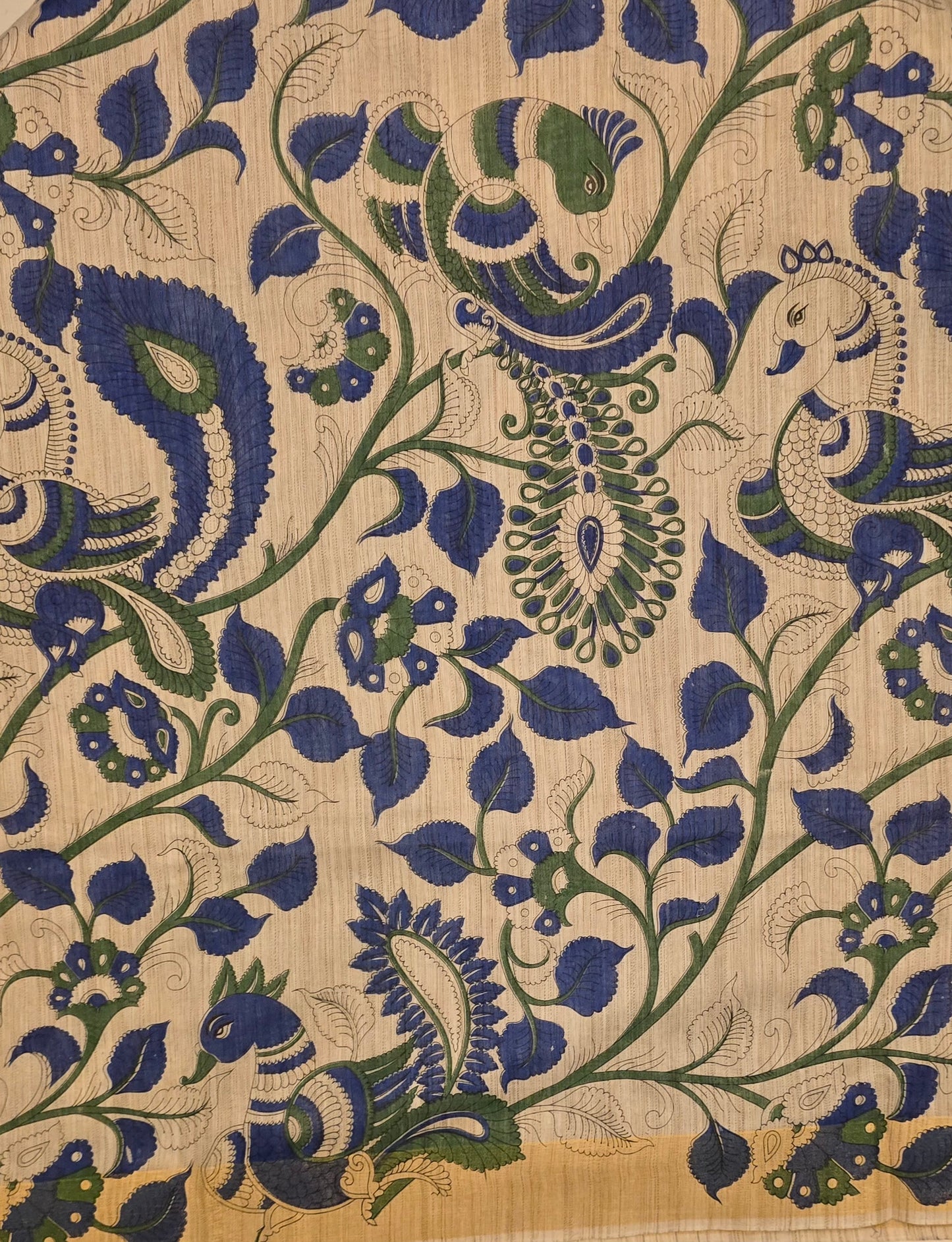 Blue Green Tussar Silk Madhubani Print saree