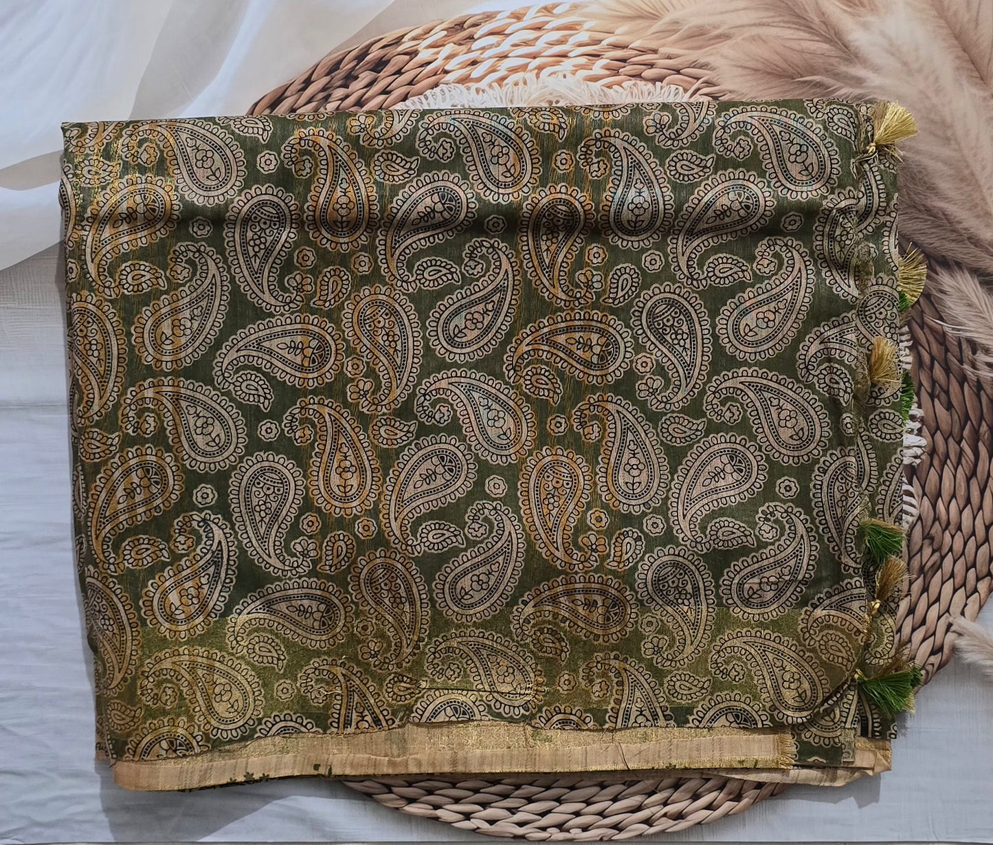 Mehendi Green Semi Tussar Silk Madhubani Print saree