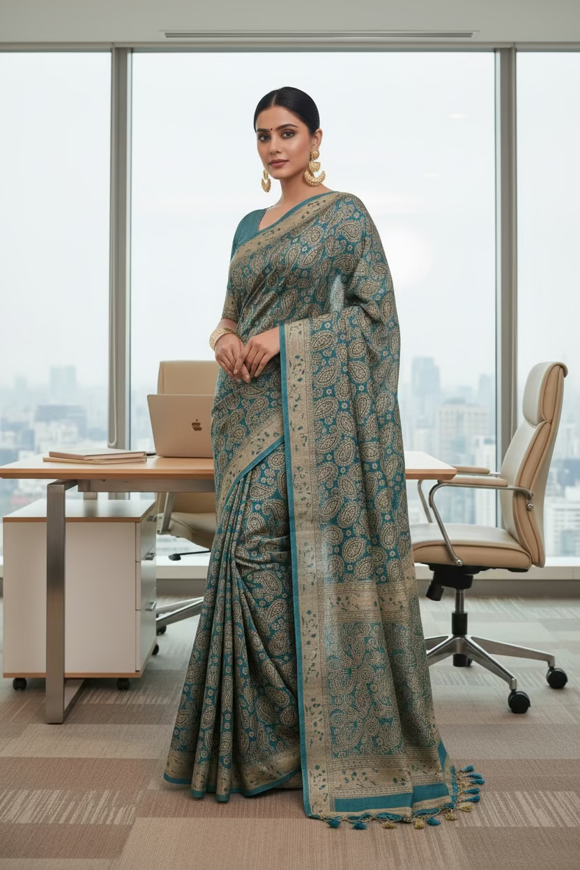 Blue floral Semi Tussar Silk Madhubani Print saree
