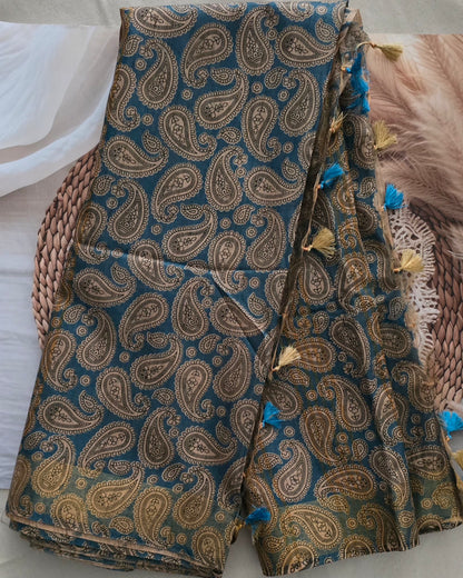 Blue floral Semi Tussar Silk Madhubani Print saree