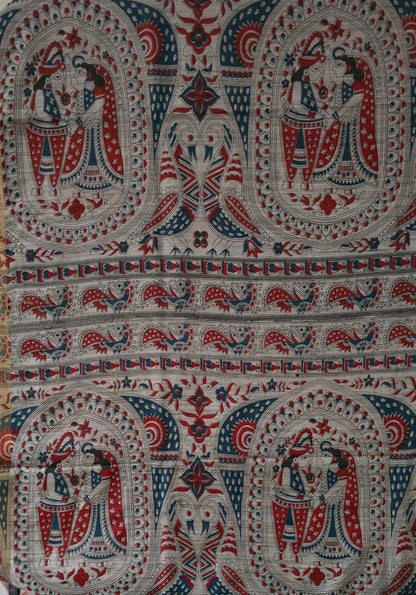 Green Red Semi Tussar Silk Madhubani Print saree