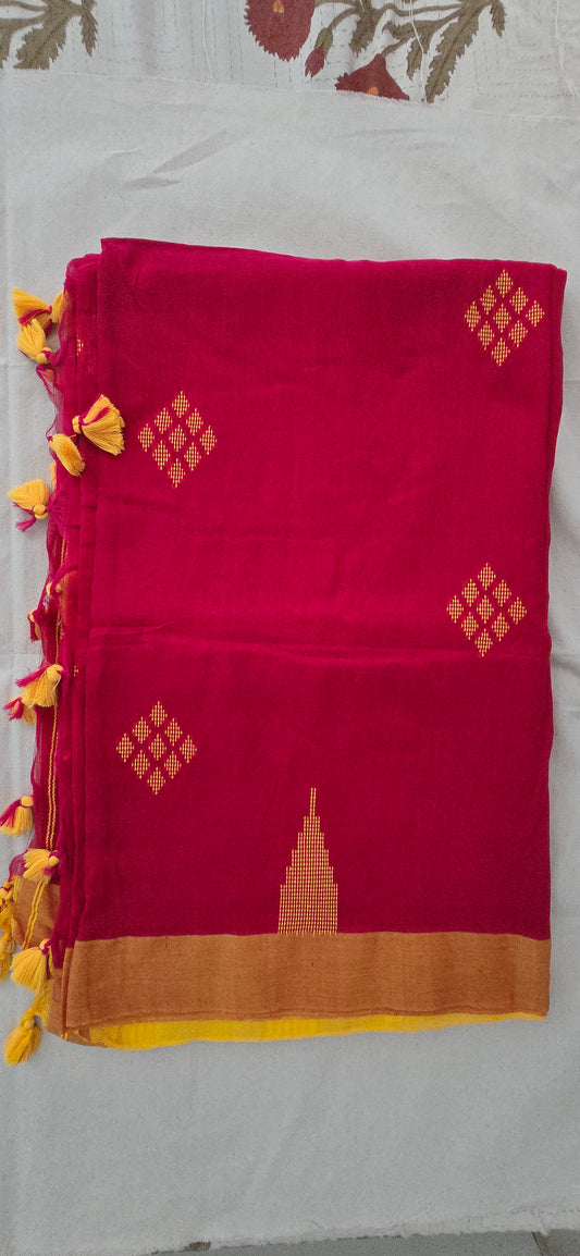 Red and Yellow Chain Cotton Saree
