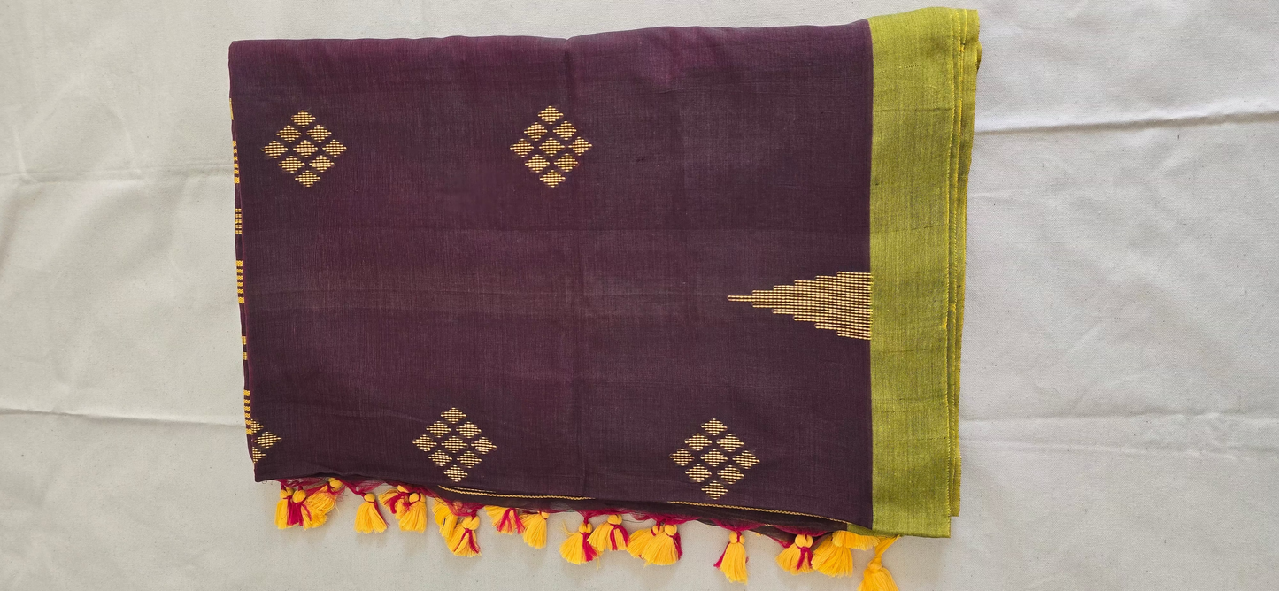 Brown and Green Chain Cotton Saree