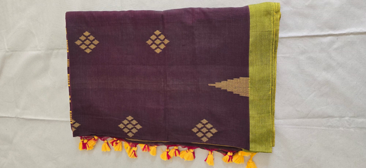Brown and Green Chain Cotton Saree