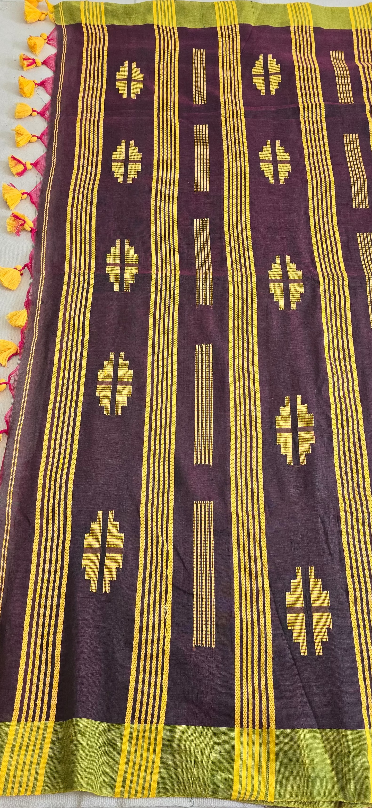 Brown and Green Chain Cotton Saree