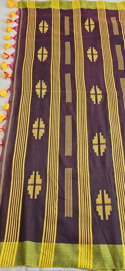 Brown and Green Chain Cotton Saree