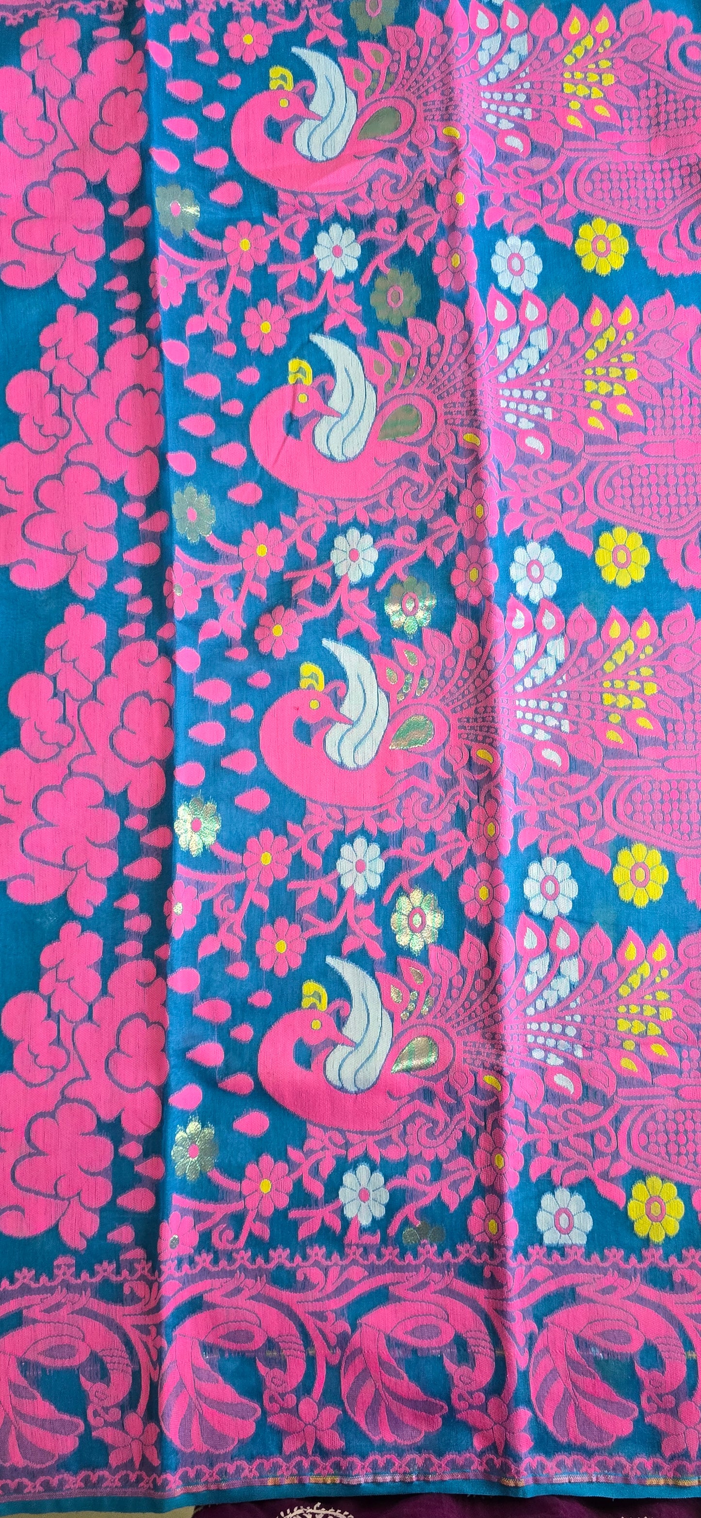 Blue and Pink Peacock Jamdani Saree