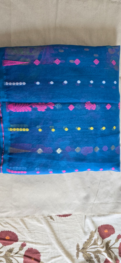 Blue and Pink Peacock Jamdani Saree