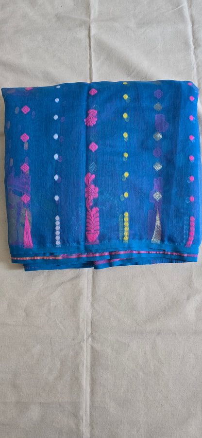 Blue and Pink Peacock Jamdani Saree