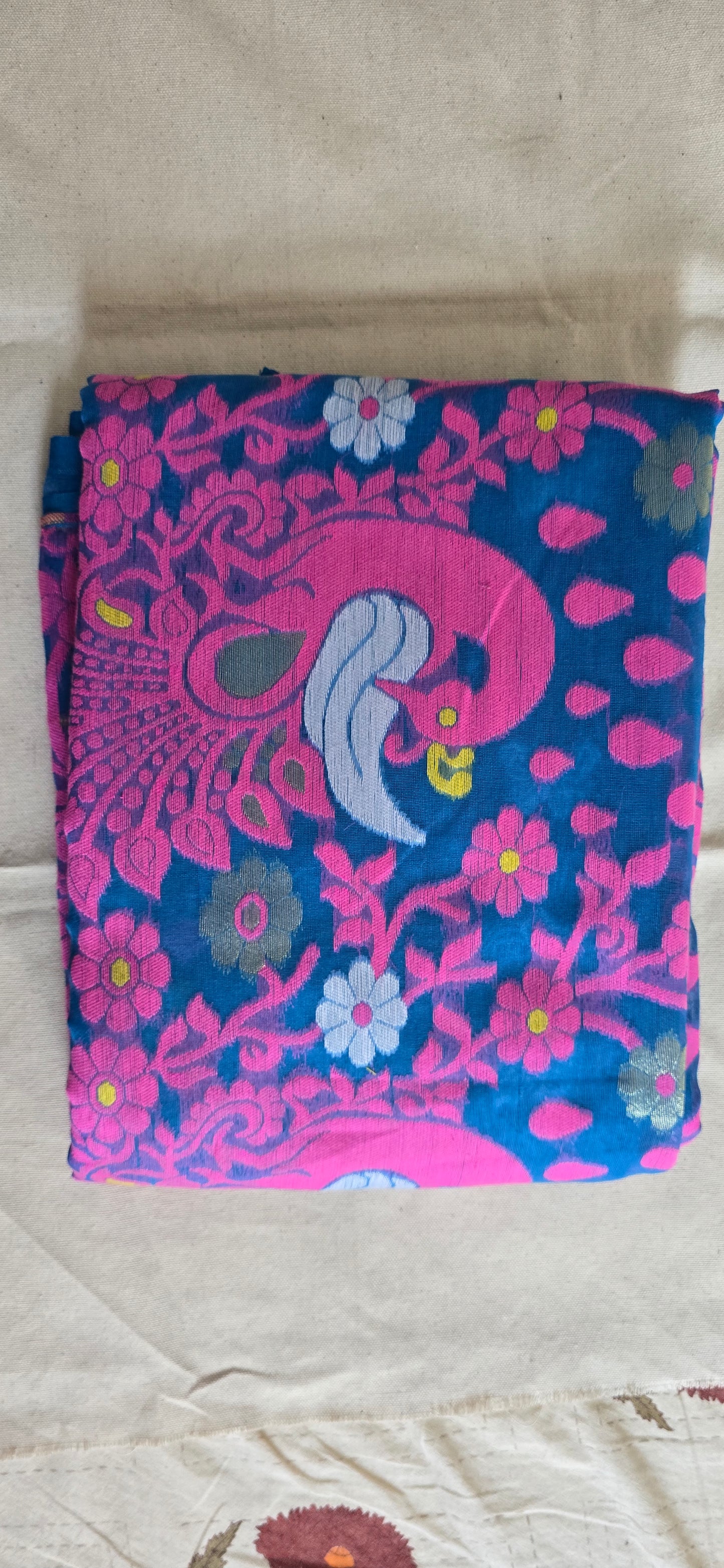 Blue and Pink Peacock Jamdani Saree
