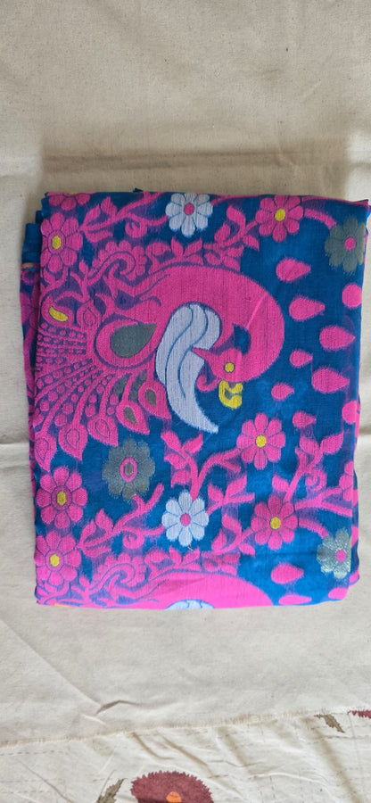 Blue and Pink Peacock Jamdani Saree