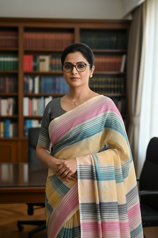 Beige Rainbow Cotton Saree