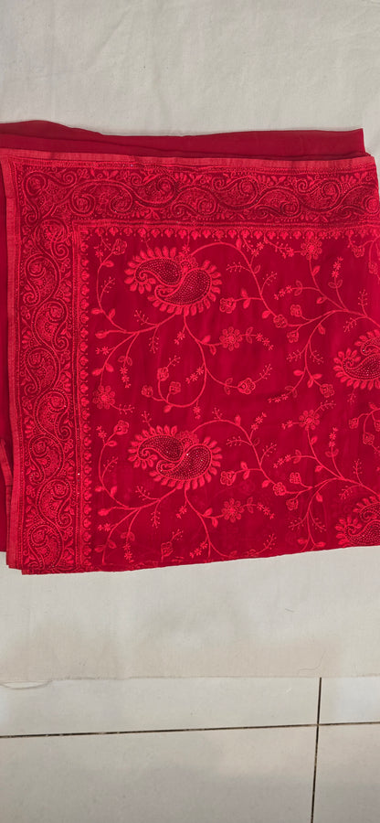 Red  georgette Embroidered jarkan work  Saree