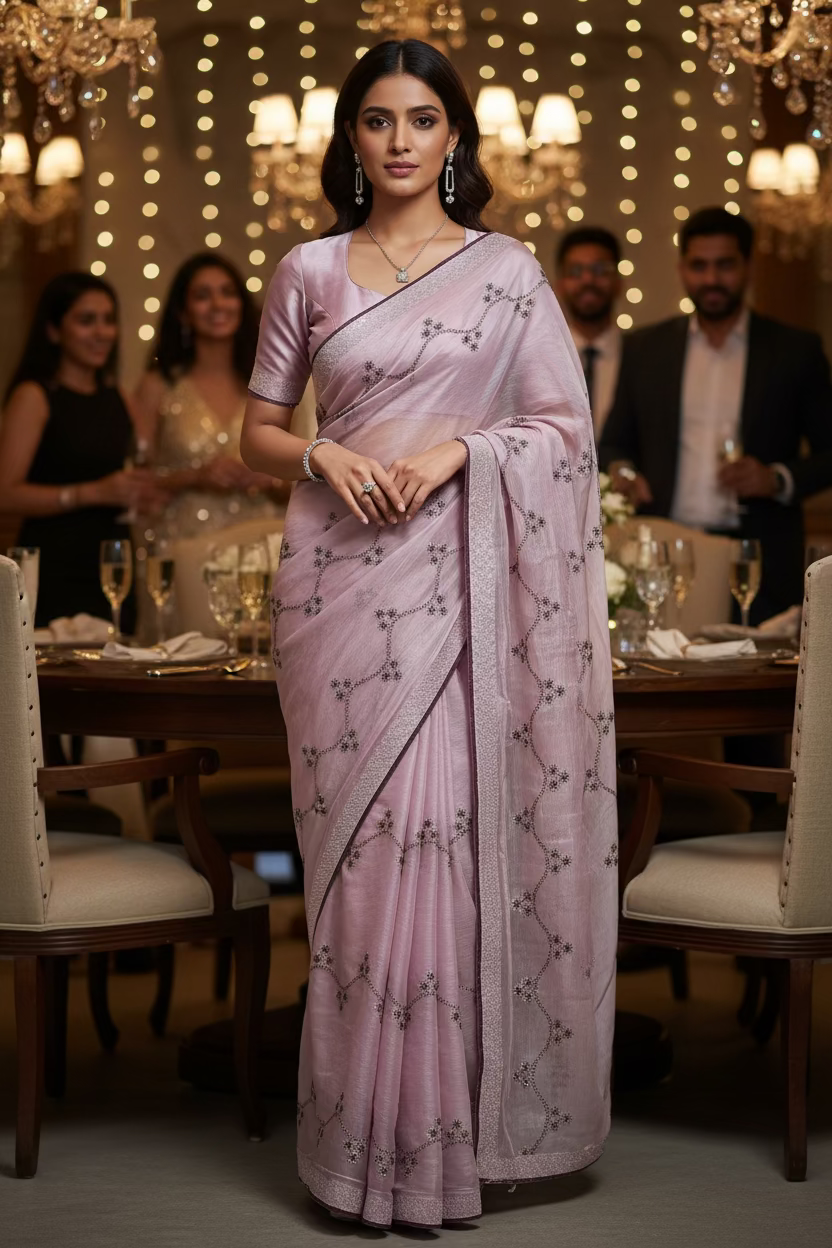 Pink Crush Tissue Organza Jarkan work Saree