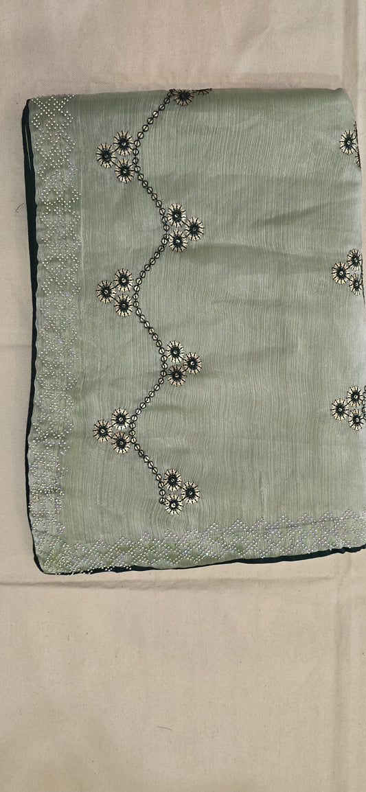 Green Crush Tissue Organza Jarkan work Saree