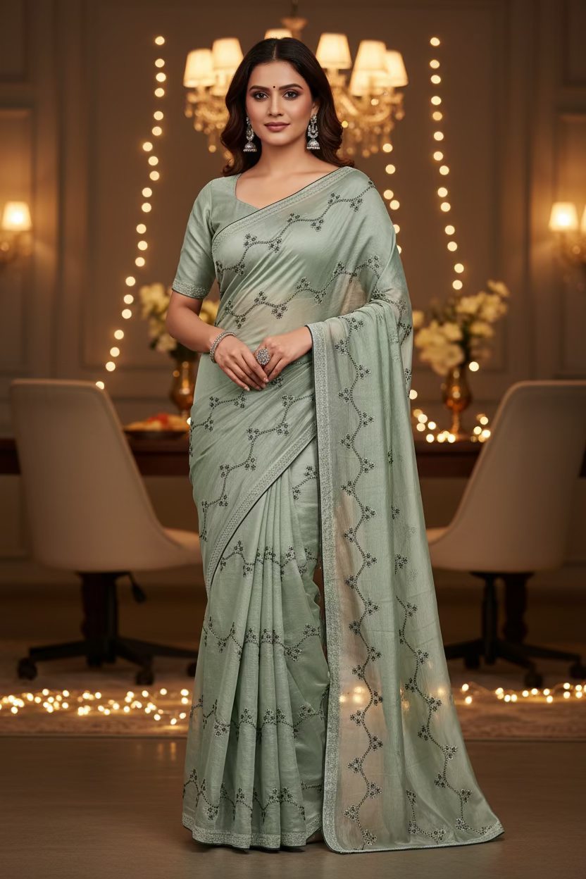 Green Crush Tissue Organza Jarkan work Saree